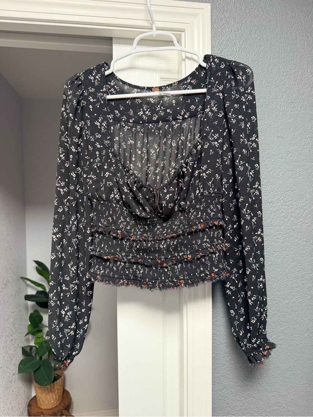 Free People Black Floral Smocked Long-Sleeve Blouse